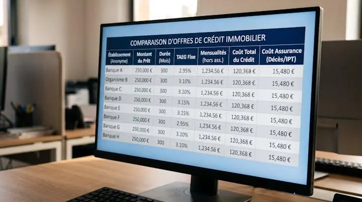 Analyse comparative d'offres de crédit sur écran avec tableau chiffré en français